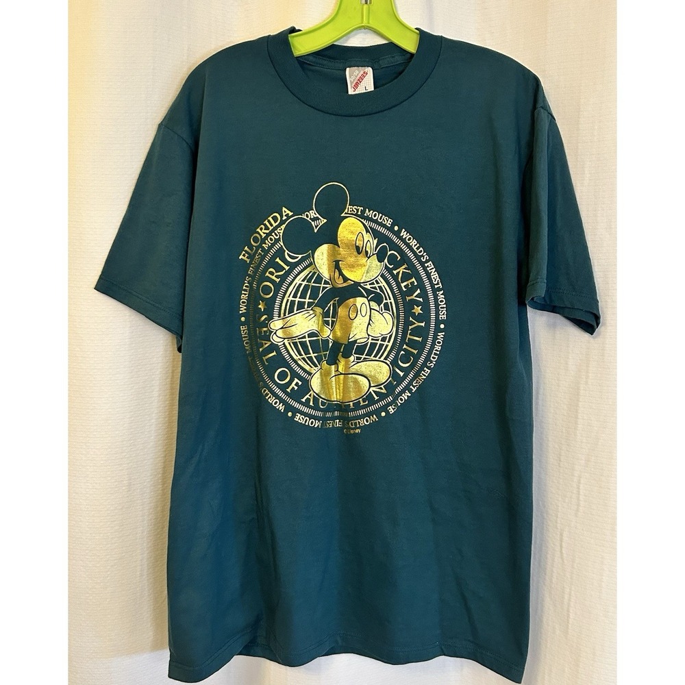 VTG 90s Original Mickey T Shirt L  Green Gold Disney World